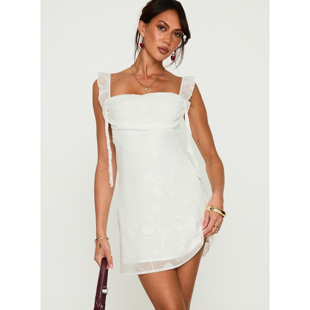 Princess Polly Lanai Mini Dress White Floral Devore Ruffle Cowl Neck Size 4 NEW